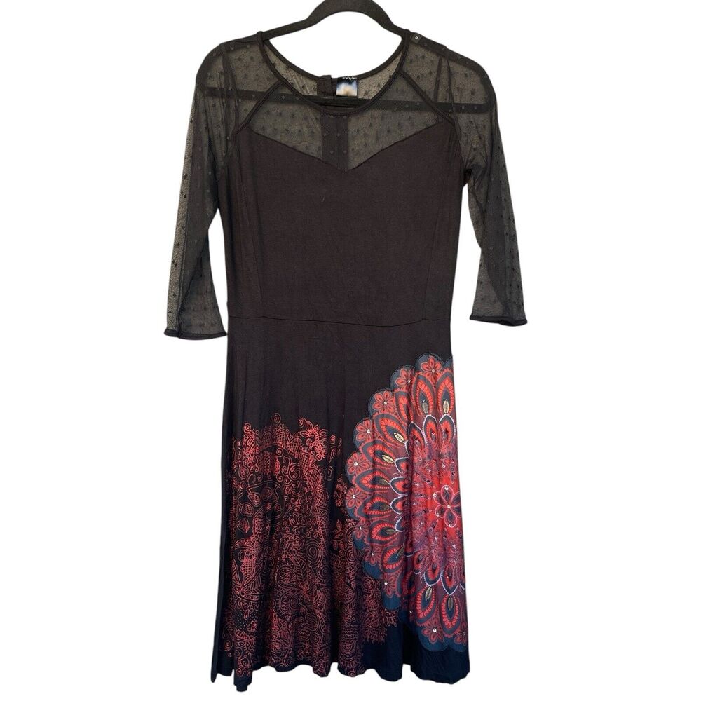 Desigual Dress Women Medium Black Swiss Dot Sheer Sleeve Embroidered Beaded Boho